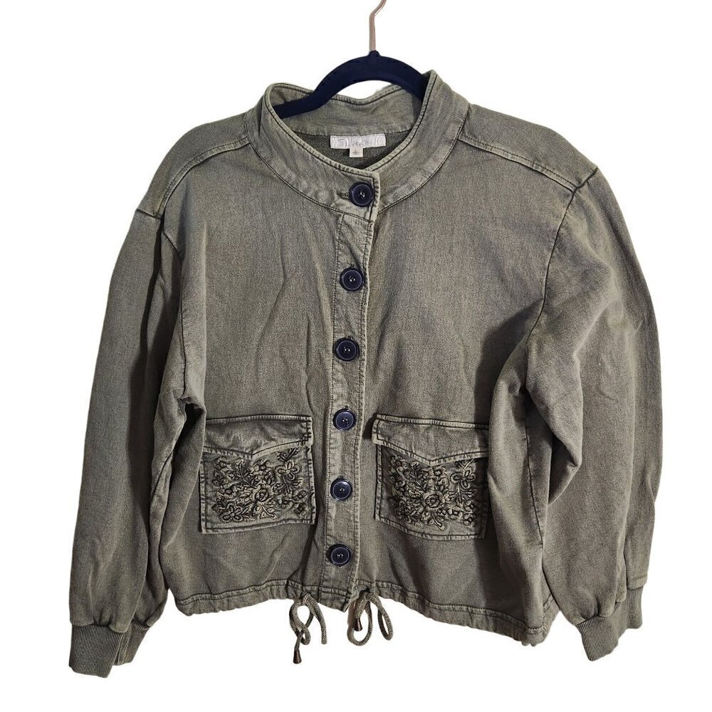 Solitaire Olive Green Cotton Embroidered Button Down Jacket Size L